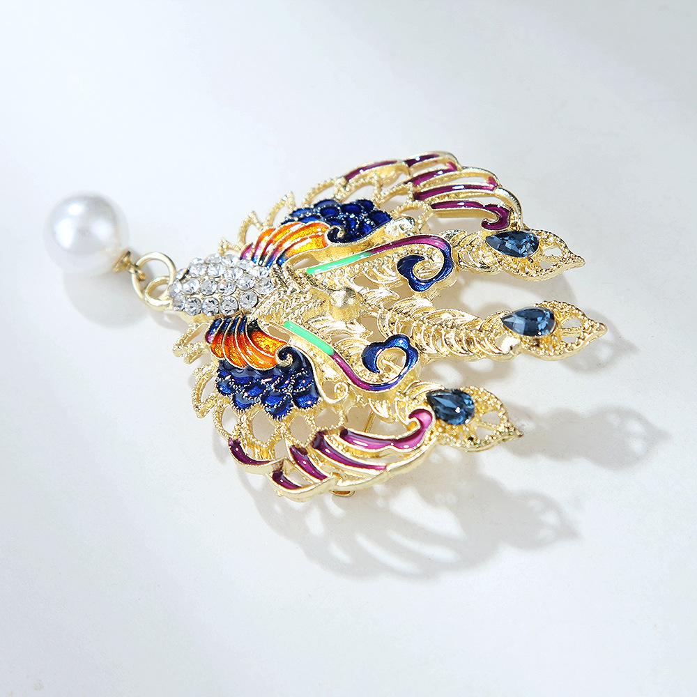 Chinese Style Retro Birds and Phoenix Luxury Enamel Phoenix Alloy Brooch Female Pearl Aurora Suit Accessories Long-Lasting Color Exquisite Brooch Gift