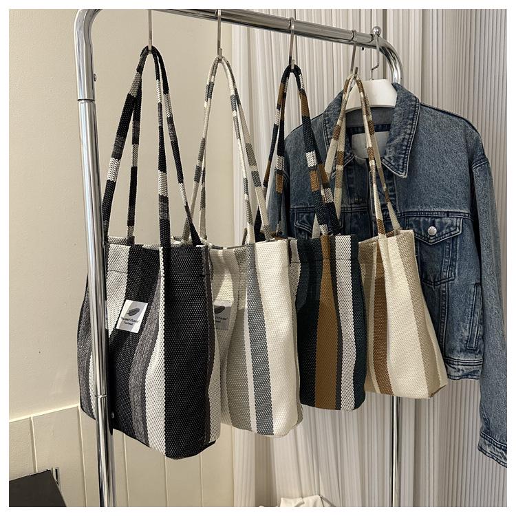 2023 Striped Canvas Tote Bag: Casual, Large Capacity, Autumn Fashion, Shoulder & Handheld