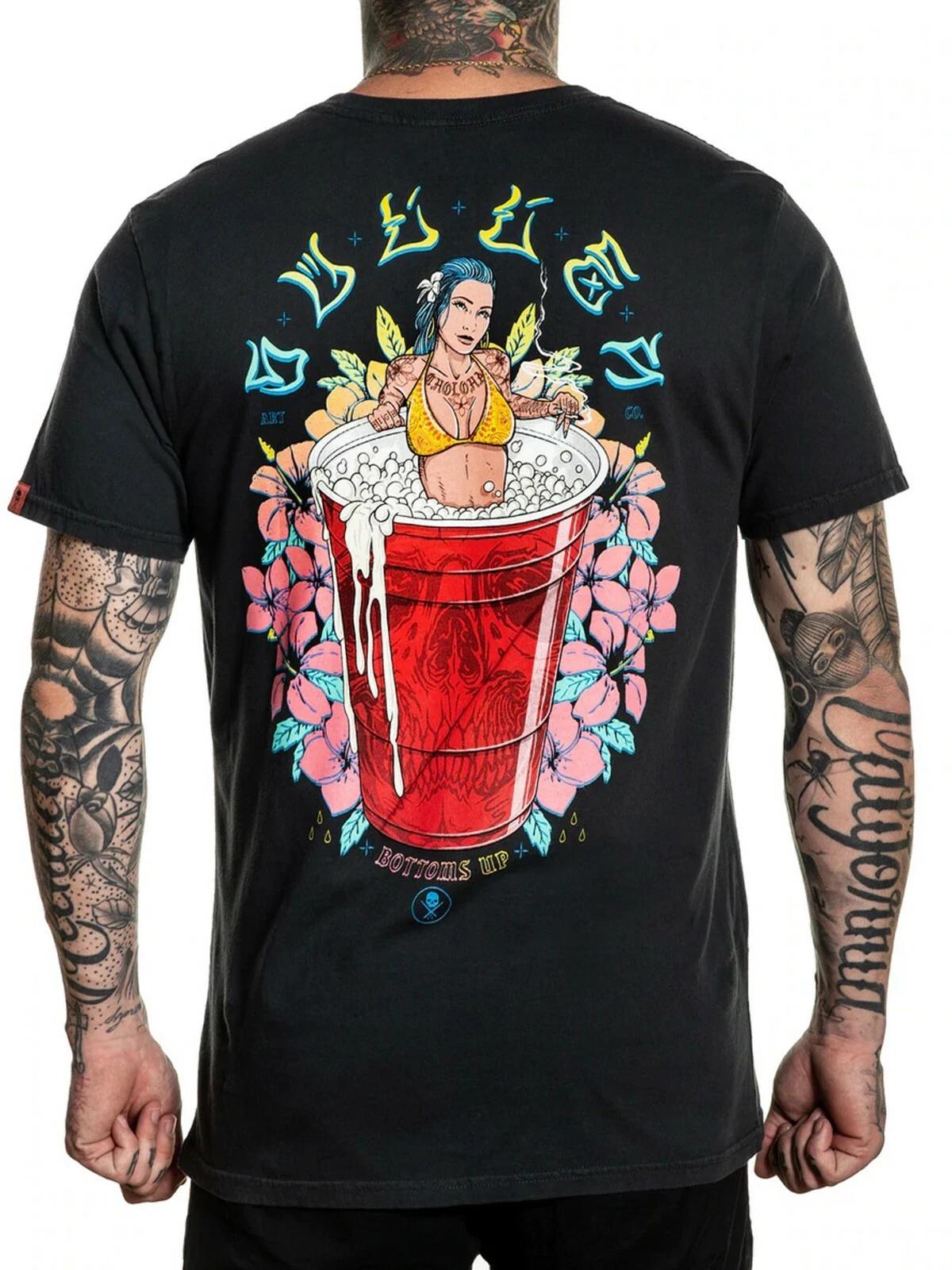 

Sullen Men s Soloha Short Sleeve T-shirt Bikini Girl in Cup Of Beer Tattoo Tee XL