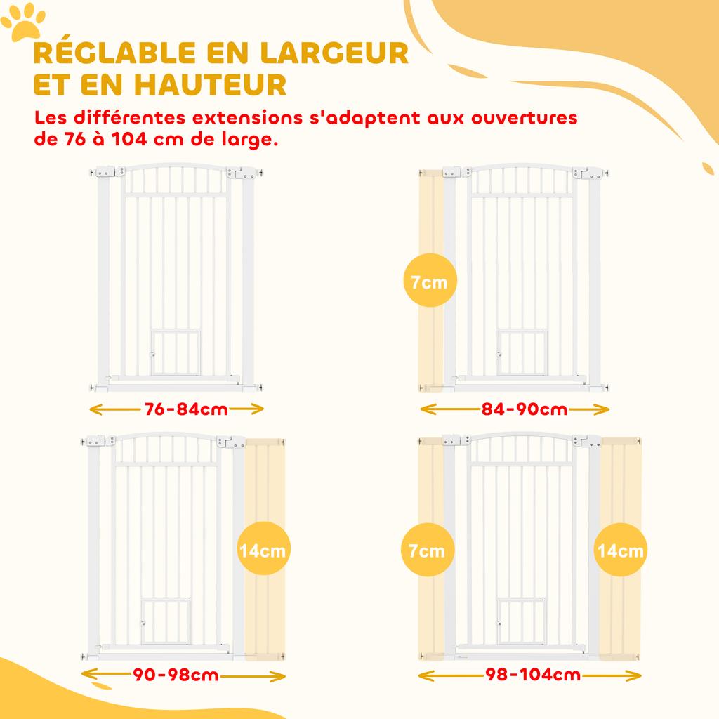 Dog Barrier, Adjustable Width 76-102cm, Extra-Wide Barrier with Cat Door, White
