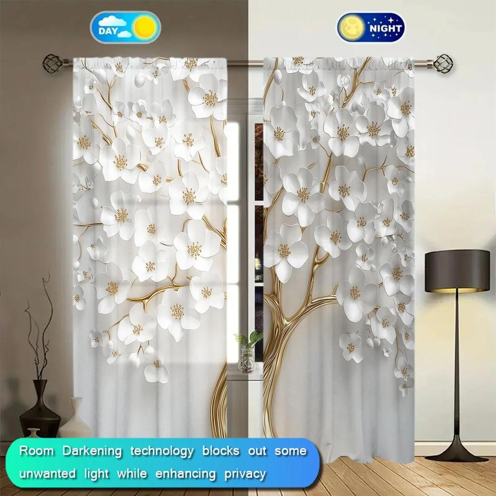 VIKAMA2PC Embossed Gold-Centered White Floral Curtains Bedroom Living Room Bay Window Luxurious Cozy and Artistic Ambiance