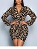 2026 New European and American Leopard Print Print Chest Wrap Sexy Deep V Slim Fashion Elegant Long-sleeved Dress