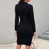 Women's Solid Color Long Sleeve V Neck Button Zipper Slim Fit Mid Length Formal Dress
