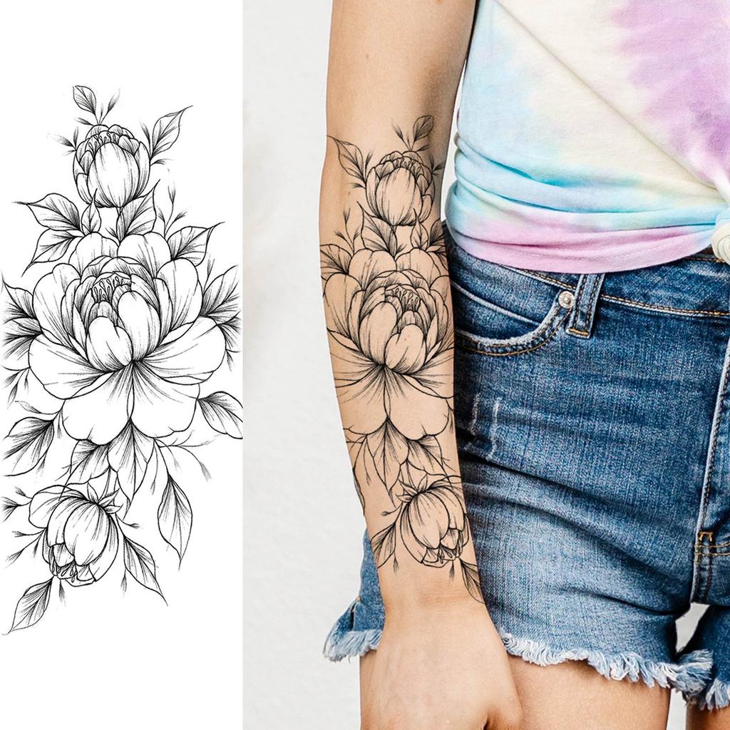 1 Sheet Black Flower Temporary Tattoos For Women Girls Realistic Fake Flora Floral Peony Tattoo Sticker Body Art Painting Decal