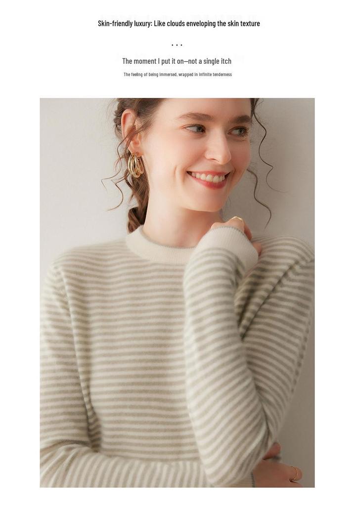 Women's Cashmere Striped Round Neck Sweater - 2026 Autumn/Winter Collection, Loose Fit, Gentle Style, Slimming, Warm Base Layer