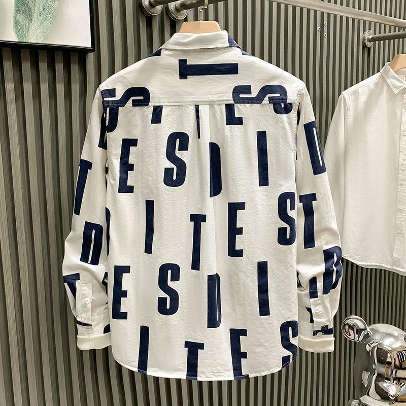 Herrenbekleidung Frühling Herbst Trendig Vintage Buchstaben-Print Revershemd Einfach Lässig Langarm Tasche Locker Oberteile Camisa Masculina