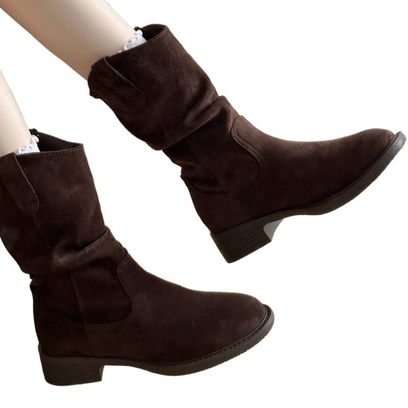 Cow Suede Ankle Mid Heel Modern Boots Square Heel Solid Women's Shoes 2025 Hot Sale Spring/autumn Slip-on Women's Boots