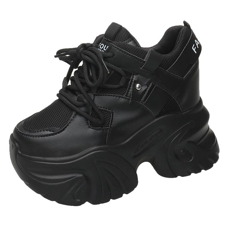 

Модные женские кожаные кроссовки на платформе, весенние тренировочные кроссовки, белая обувь, высокий каблук 10 см, танкетка, уличная спортивная обувь, дышащая повседневная обувь 34 чёрный