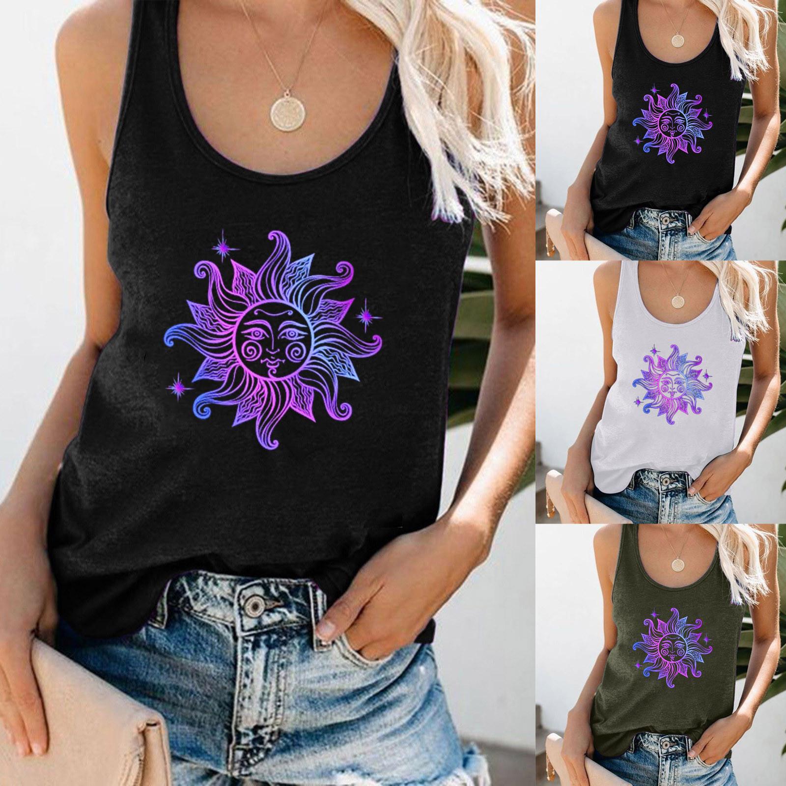 

Женская мода свободная блузка без рукавов с принтом серии Sun Moon