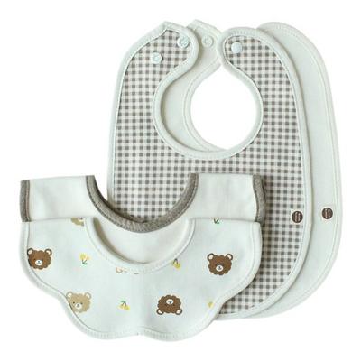 Bunny Blossom 4-piece Basic Baby Bib Set, Cocoa Check Rabbit + Beige Plain Rabbit + Brown Beige + Perm Bear, 1 Set