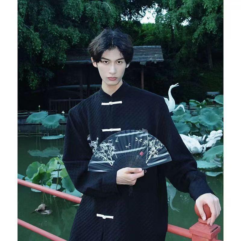 Set 2 bucăți în stil chinezesc cu nasturi cu dragon brodat cămașă jachetă costum Tang Costum bărbați