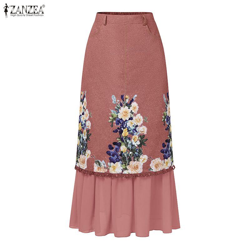 ZANZEA Fuste Florale Patchwork Casual pentru Femei cu Talie Elastică la Spate
