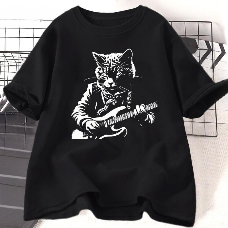 Funny Guitar Player T Shirt Music Lover Cat Owner Rock Lover TShirt Vintage Cat Mom Printed Tshirt Unisex Women Streetwear Tees