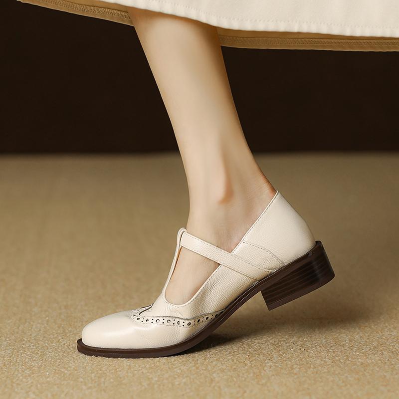Fashion 2024 New Spring Genuine Leather Women Pumps Shoes for Women Round Toe Chunky Heel Retro Mary Janes Block Leather Shoes Shallow