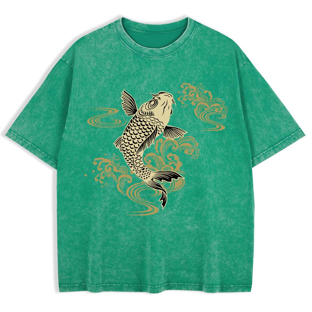 Paper Cut Koi Good Luck Prints Washed T-Shirts Mens Cotton Short Sleeve Tops Basic O-Neck Oversized T Shirt Clothes