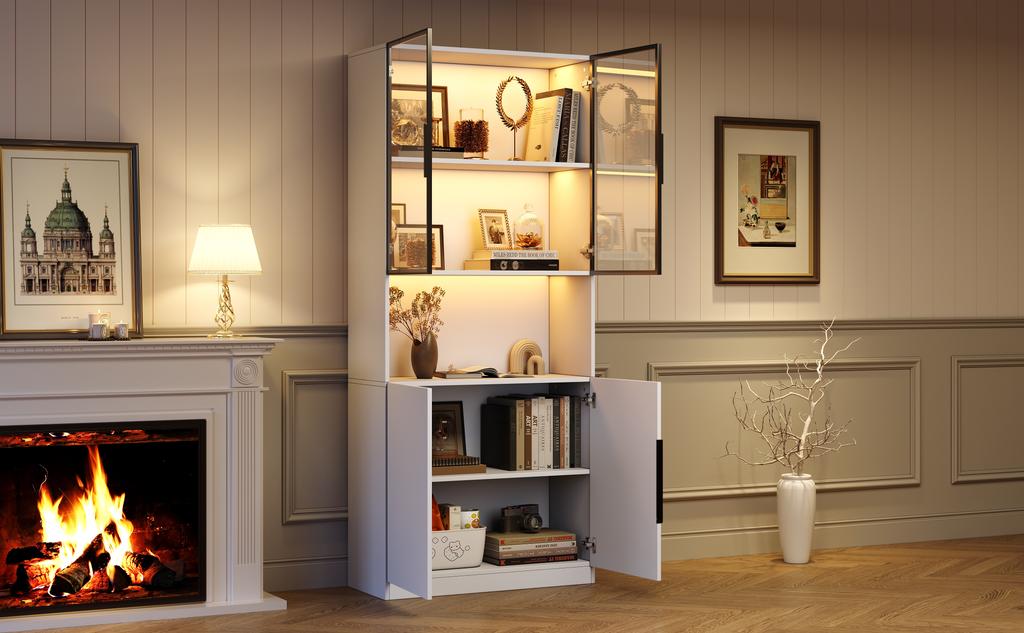 Vetrina minimalista con ante in vetro, luci LED, libreria per oggetti da collezione, temperatura colore e luminosità regolabili, bianco 80*30*200cm