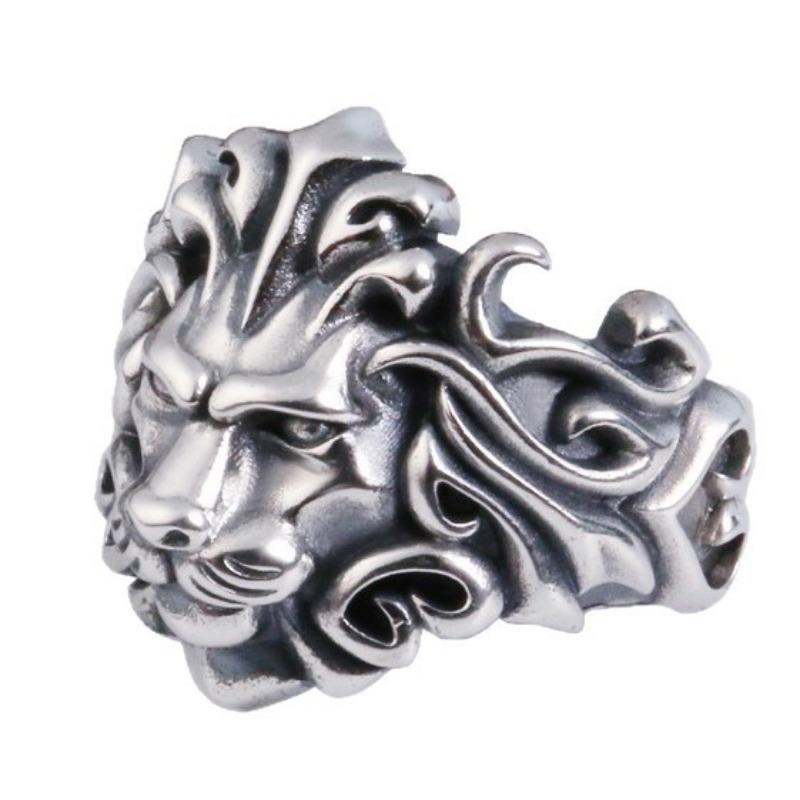 Mighty Lion Head Open Ring for Men, Personalized Fashion Retro Trendy Punk Hip Hop Ring