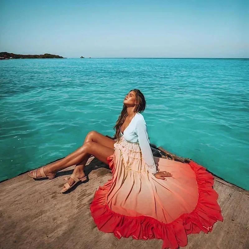 Women's Deep V-long Sleeved  Bohemian Dress Summer Printing Gradient Elegant Maxi Dress Patchwork Rainbow Color Party Dress Ruffles Sweet Vestidos