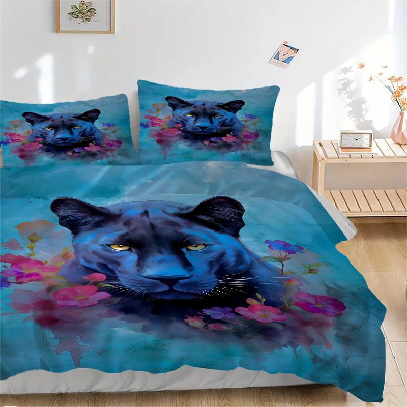 

3pcs Panther Floral Print Duvet Cover Set, 1 Duvet Cover + 2 Pillowcases (No Insert), High-Definition Print, Home & Dorm yy251123028 135x200cm
