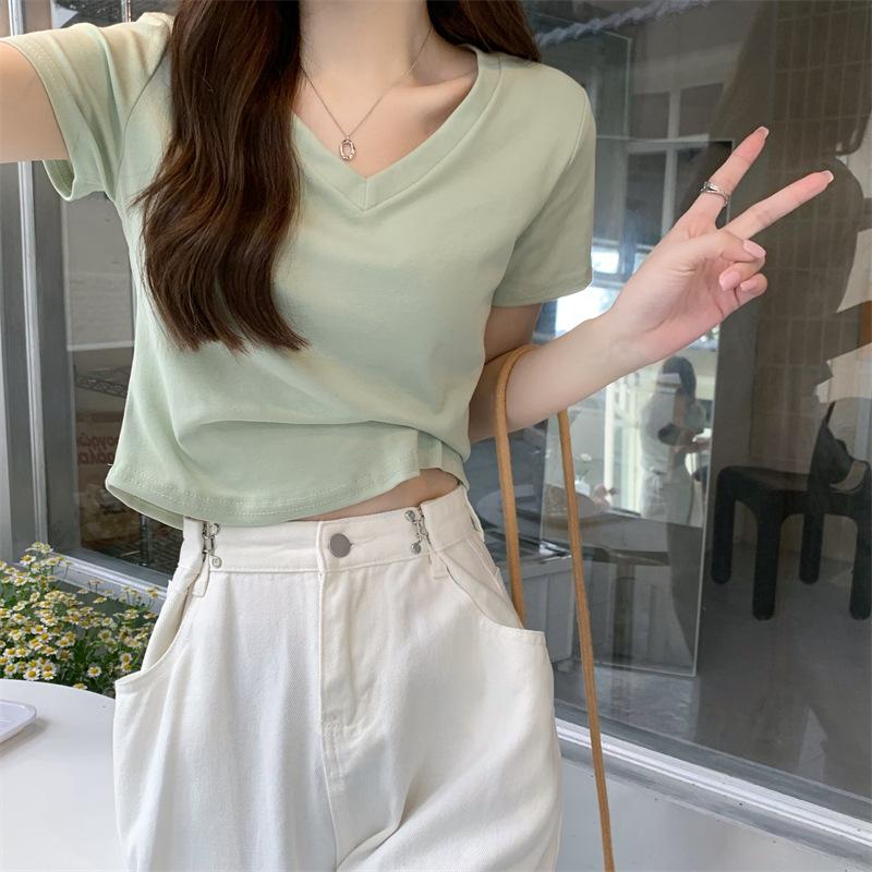 Women Solid Color V Neck Irregular Hem Slim Fit Short Sleeve Cropped T Shirt M зелёный