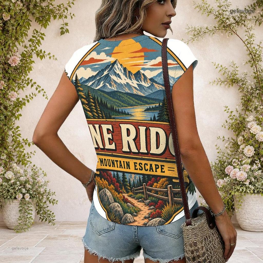 Women Plus Size V Neck Wide Short Sleeve Landscape Text Printed T Shirt