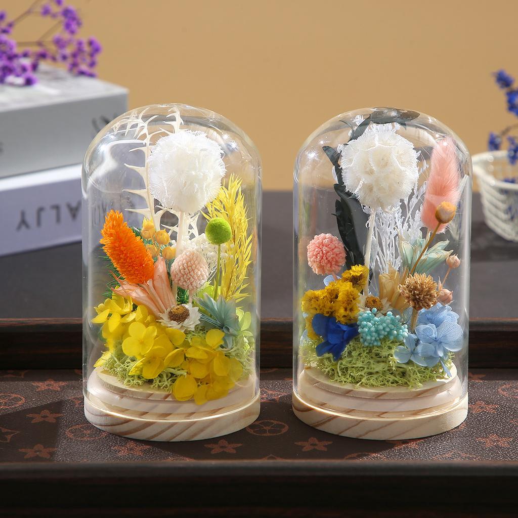 Eternal Flower Glass Cover Green Plant Dried Flower Ornament Creative Holiday Gift Finished Real Flower Led Lampshade