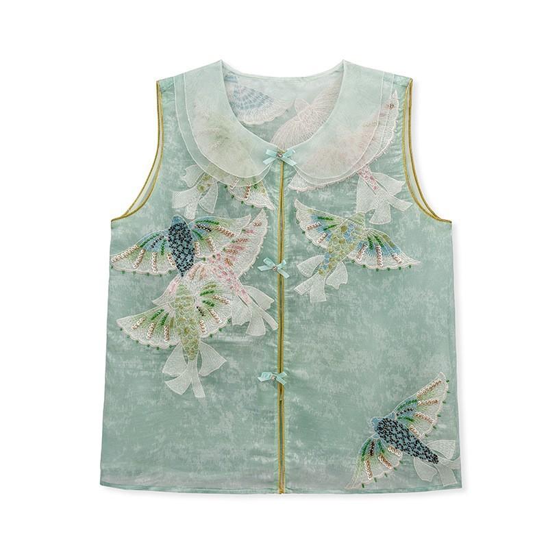 Summer Elegant New New Chinese Style Heavy Craft Embroidery National Style Sleeveless Design Vest + Skirt Set for Women P1111