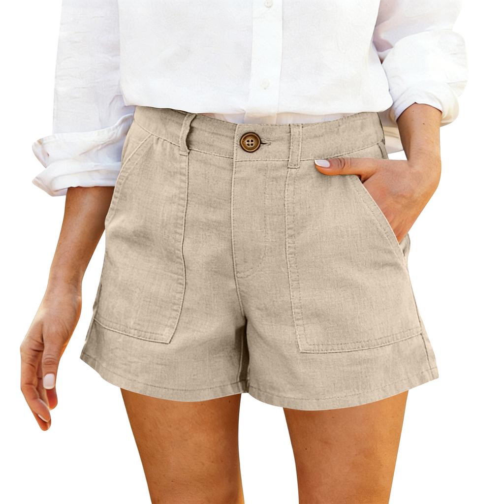 Women's Cotton And Linen Shorts, With Pockets, Soft Button Closure, Zipper, Slim Fit.