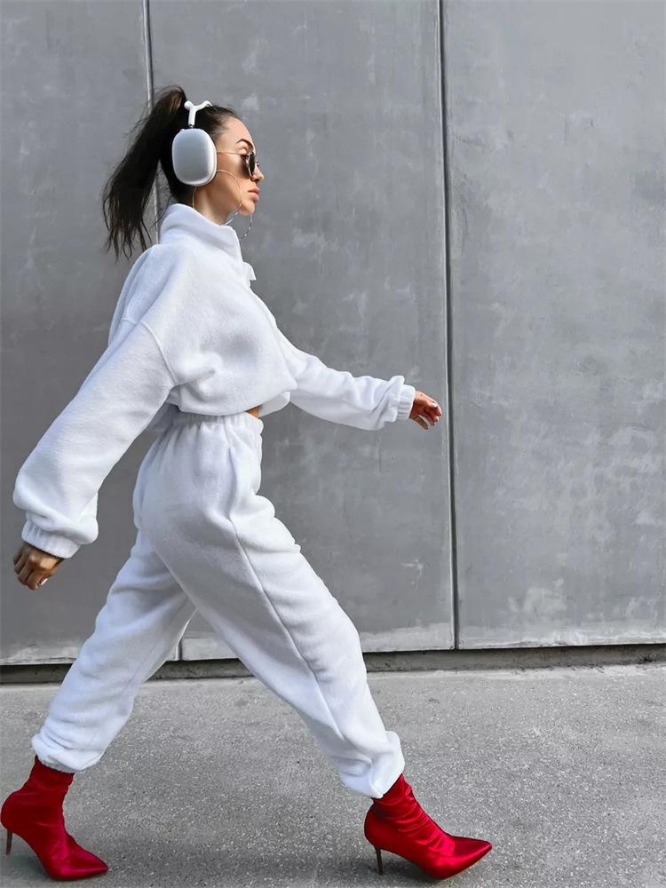 New European and American casual women's set, solid color long-sleeve, zip-up collar, waist-cinching sweatshirt, two-piece tie pants set