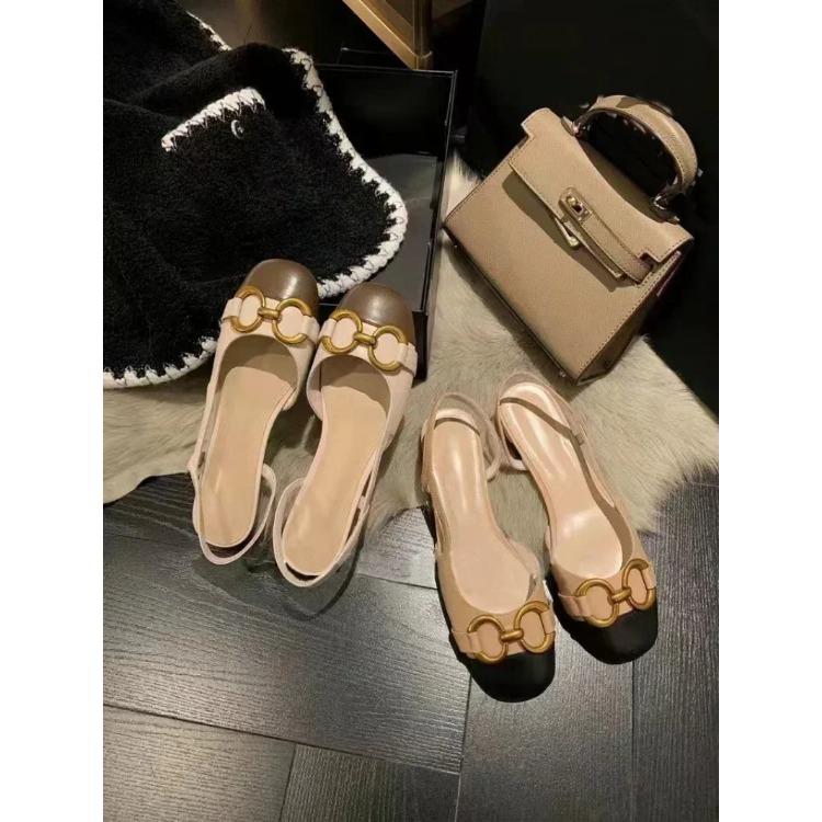 French Retro Baotou Back Strap Horsebit Women Sandal Real Leather Stitching Low Heels Office Shoes Slip On Sapatos Femininos