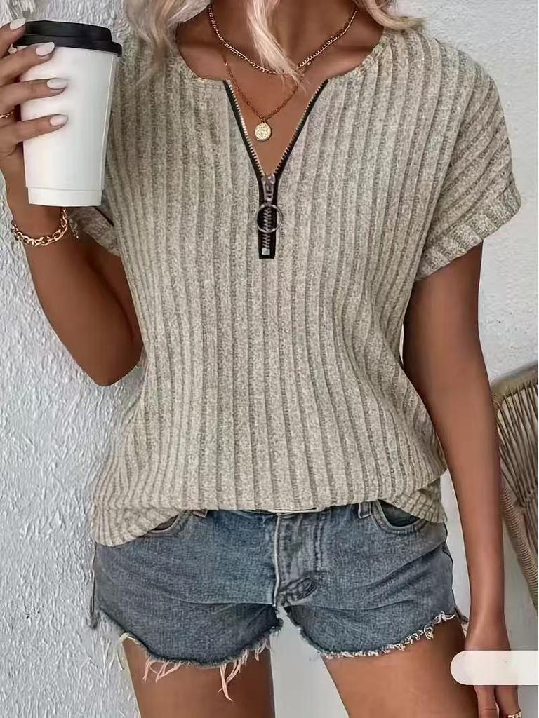 2025 Spring/Summer Women's Solid Color Zipper Short Sleeve Pullover T-Shirt Loose Top