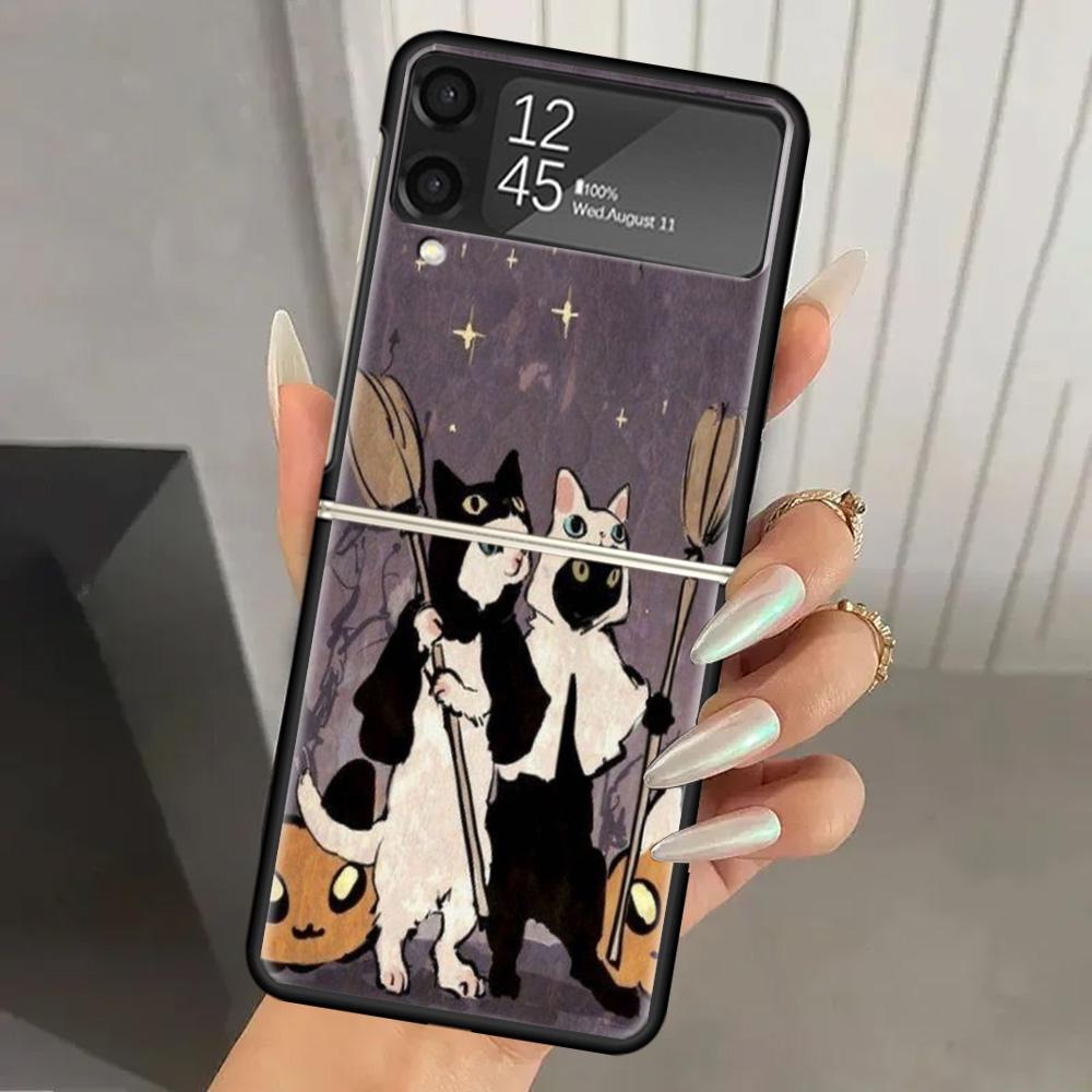 Black Cat Cartoon Cute Hard PC Phone Case For Samsung Galaxy Z Flip 7 6 5 4 3 Black ZFlip7 ZFlip6 Flip5 Flip4 Flip3 5G Print Cov
