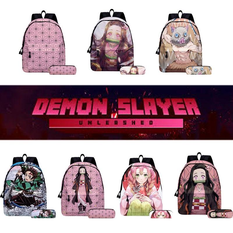 Demon Slayer Anime Cartoon Backpack Set For Students Durable Breathable And Lightweight