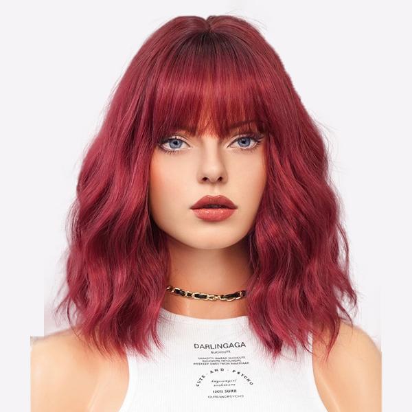 

Короткий кудрявый парик бордового цвета с прямой челкой — термостойкий синтетический парик-боб с волнистыми волосами для женщин, естественный вид и удобная в носке шапочка для полного парика 37cm 14 inch сарай красный