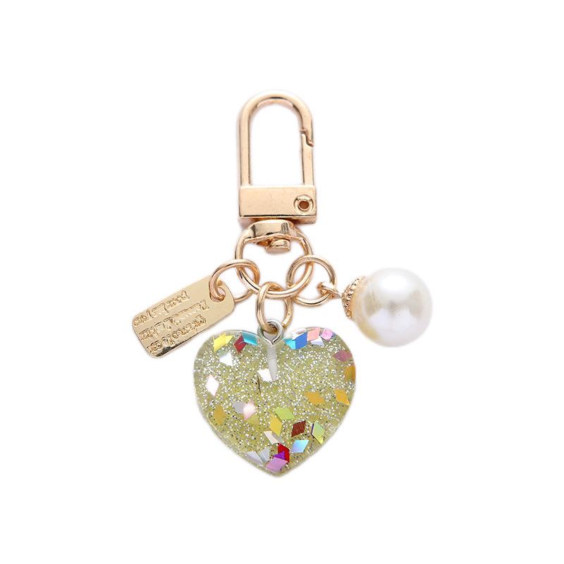 2pcs Bling Acrylic Heart Keychain Colorful Sequin Sweet Imitation Pearl Keyring for Women Girls Bag Decoration
