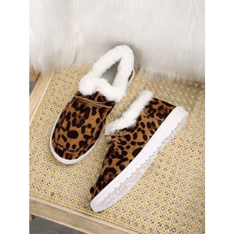 Dámské boty nadměrné velikosti s leopardím vzorem, podšité fleecem, střední výška, zimní novinka, nazouvací, měkké, teplé