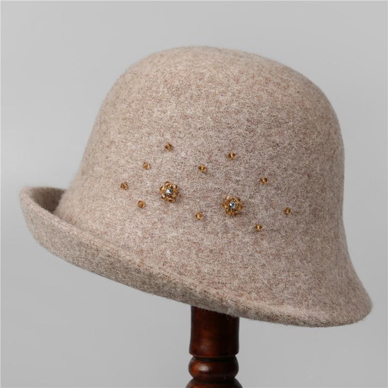 Autumn and Winter New Style Hat Handmade Rhinestone Decoration Wool Warm Fisherman Hat Elegant Curled Brim Bucket Hat for Women