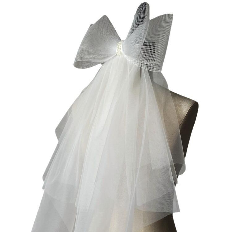 V302 White Double-Layer Bridal Veil with Bowknot and Comb for Weddings and Photo Shoots