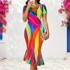 Women Plus Size V Neck Short Sleeve White Blue Printed Fitted Fishtail Dress