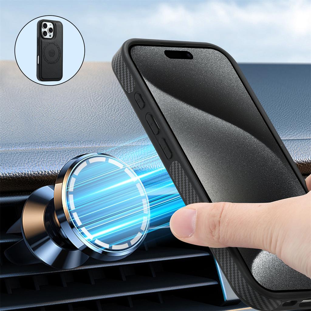 DENIOR For iPhone 16 Pro Max Magnetic Case Carbon Fiber Texture Leather Back Cover with Detachable Card Bag