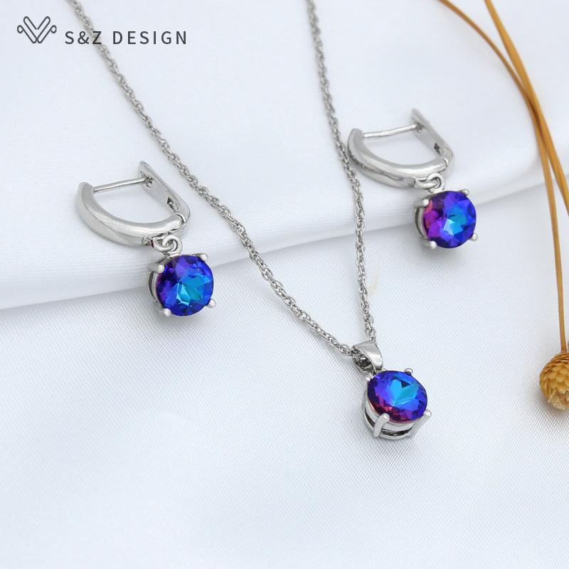 Fashion Rose Gold Color Round Crystal Drop Earrings Pendant Necklace Jewelry Sets For Women Wedding Party Gift
