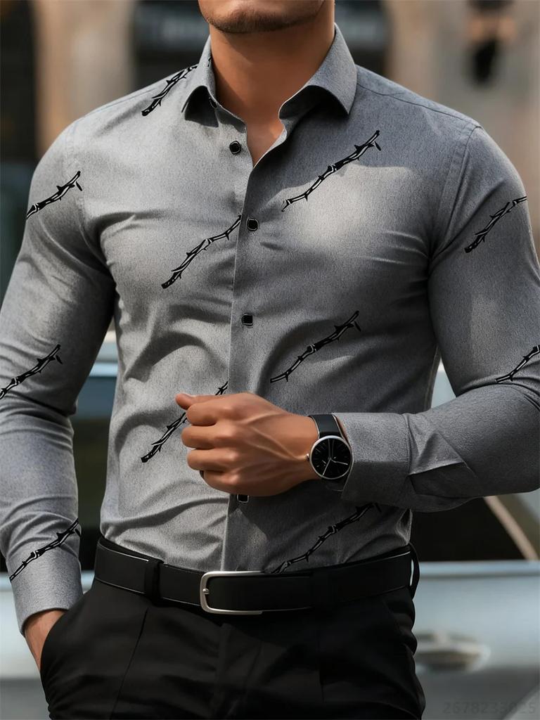 Essential! Men's Long Sleeve Shirt with Thorn Branch Print, Stylish Versatile Casual Wear