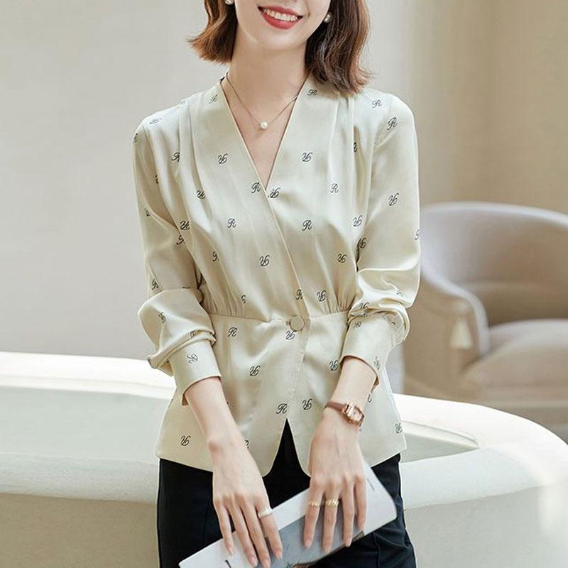 Casual Single Button V-Neck Shirt Commute Letter Printed Women's Clothing Long Sleeve Spring Autumn Stylish Waist Spliced Blouse