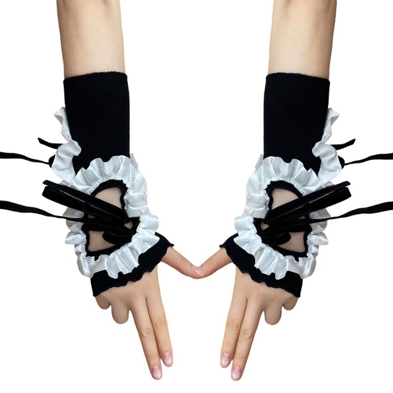 Lolitas Crinkled Hollow Out Gloves Satins Lace Ribbon Adjustable Wrist Sleeves For Women Party Fashion Accessories