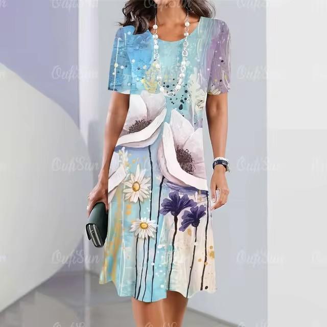 Elegant Women Short Sleeve Fashion 3d Print Midi Dress Plus Size Beach Clothing