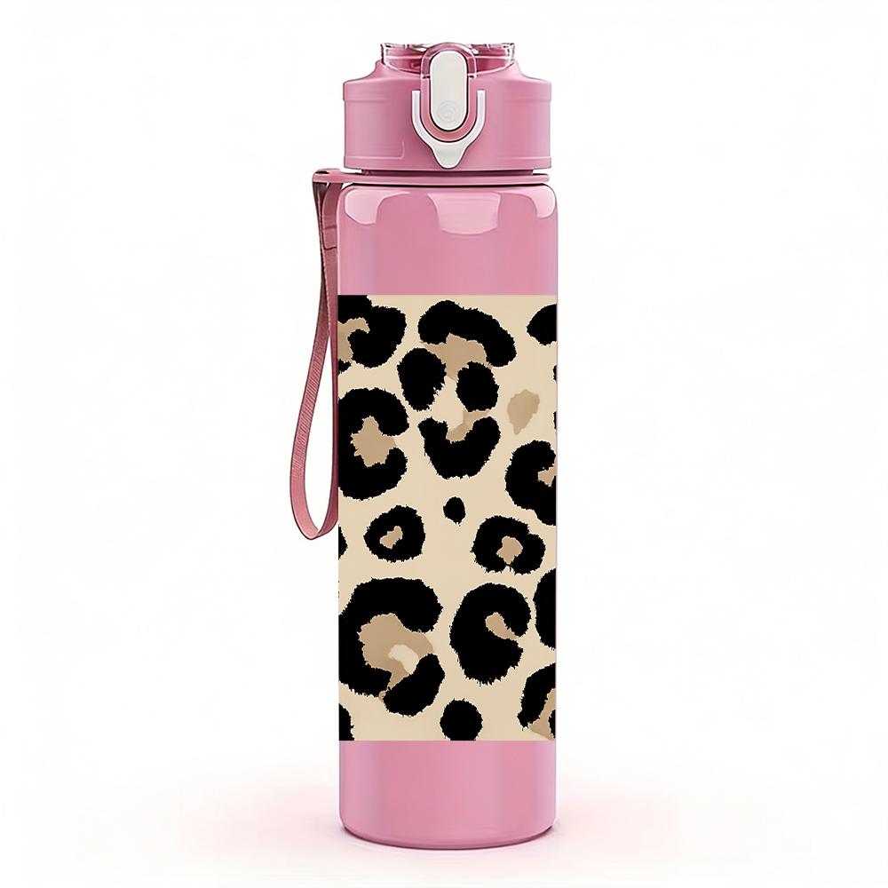 1PC Black Leopard Skin Texture 750ml Color Plastic Sports Water Bottle Leakproof Flip Straw Lid For Sports Office Home Use