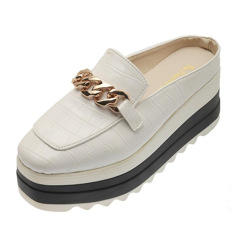 Women's Platform Mules Thick Soles Wedges Heel Fashion Slippers Casual British Leather Shoes 7cm High Heels Clogs Flatform Shoes