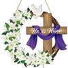 He Is Risen Easter Decoration Wooden Wreaths for Front Door Sign Cross Sign Door Wall Signs, Christian Jesus Lily Flowers Ornaments Hanging Crafts