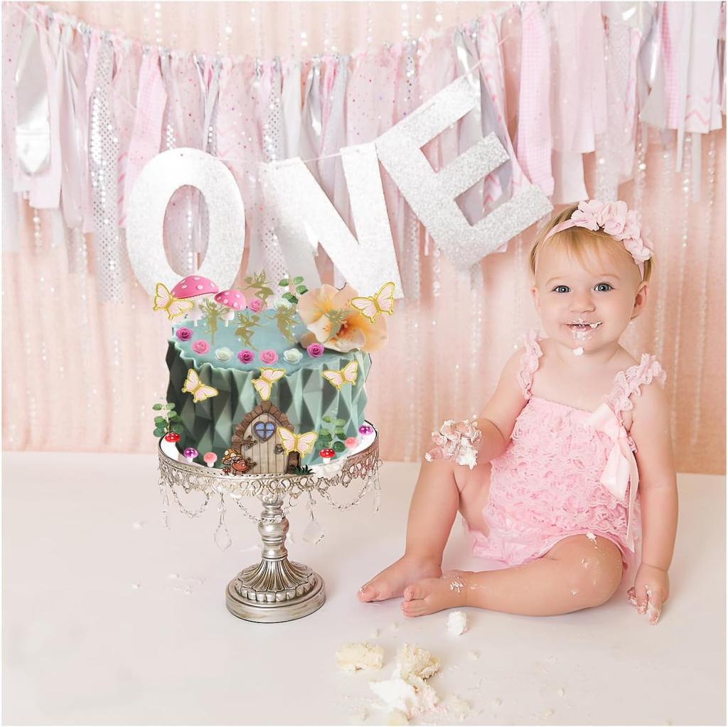 Fairy Cake Toppers Fairy Cake Decoration Pink Mushroom Door Butterfly Flower Cake Decoration Fairy Garden Topper for Fairy Party