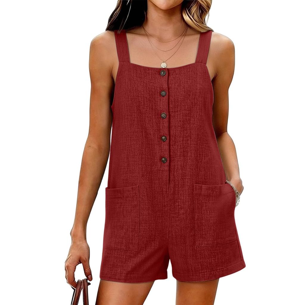Womens Linen Sleeveless Romper Button Front Loose Fit Wide Strap Casual Beach Vacation Jumpsuit with Pockets